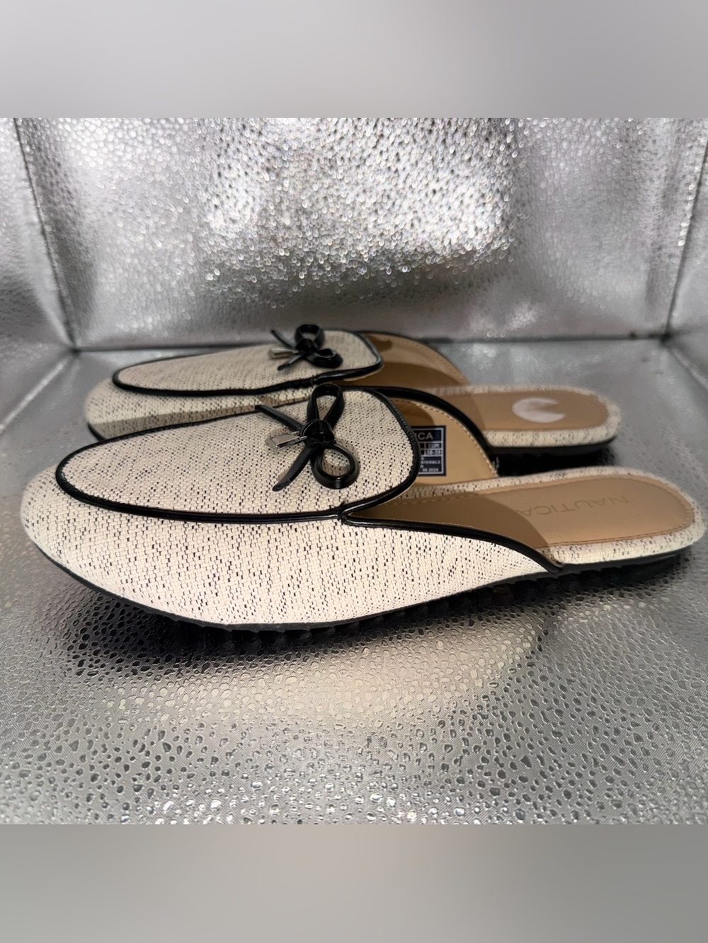 Nautica Cream Slip-On Mules with Black Trim and Bow Accent - Picture 6 of 6
